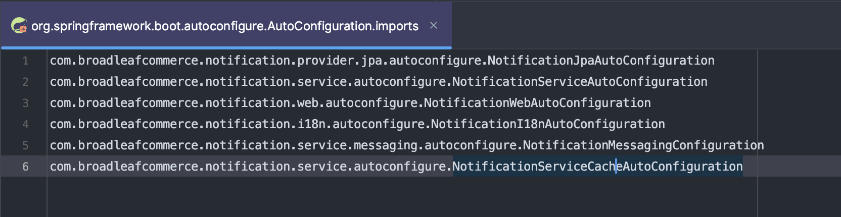 Example of the new Spring AutoConfigurations file from Broadleaf’s NotificationServices