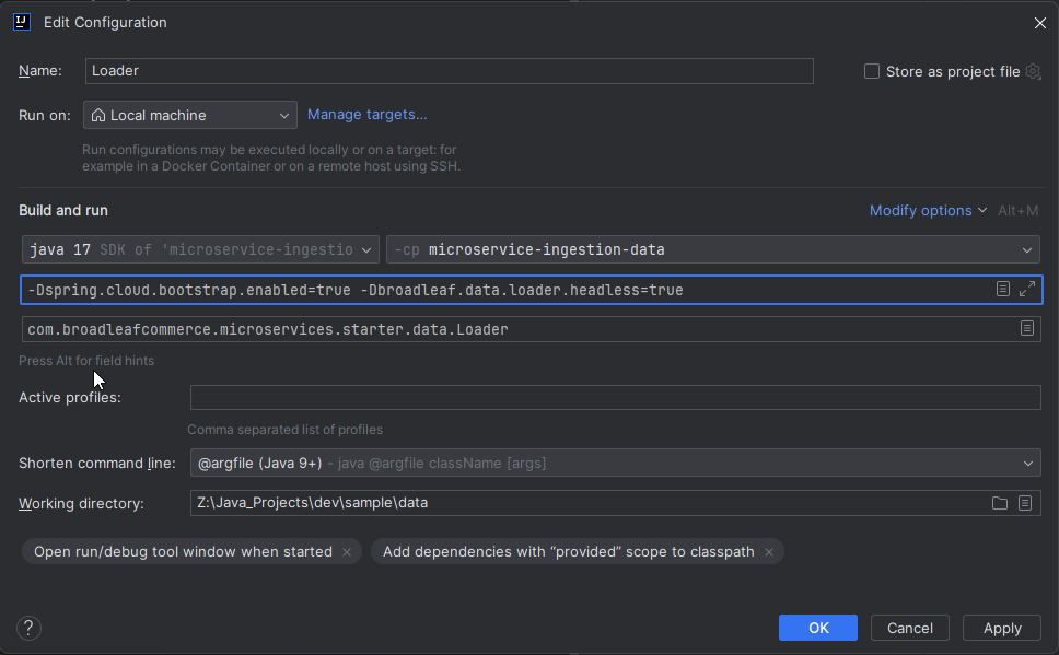 IntelliJ Data Loader Run Configuration