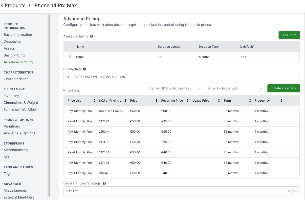 subscription product price data