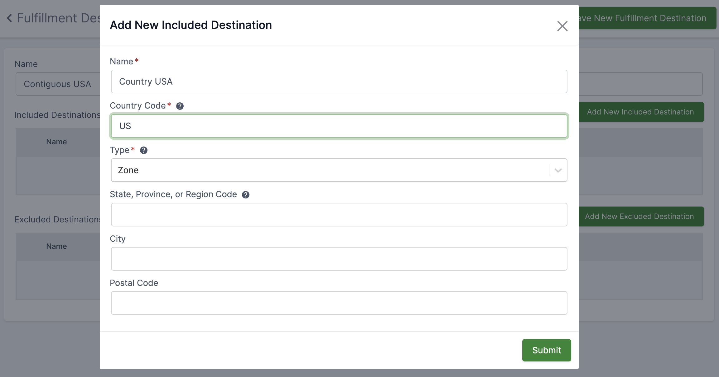 US Example 1 - Included Destination Detail