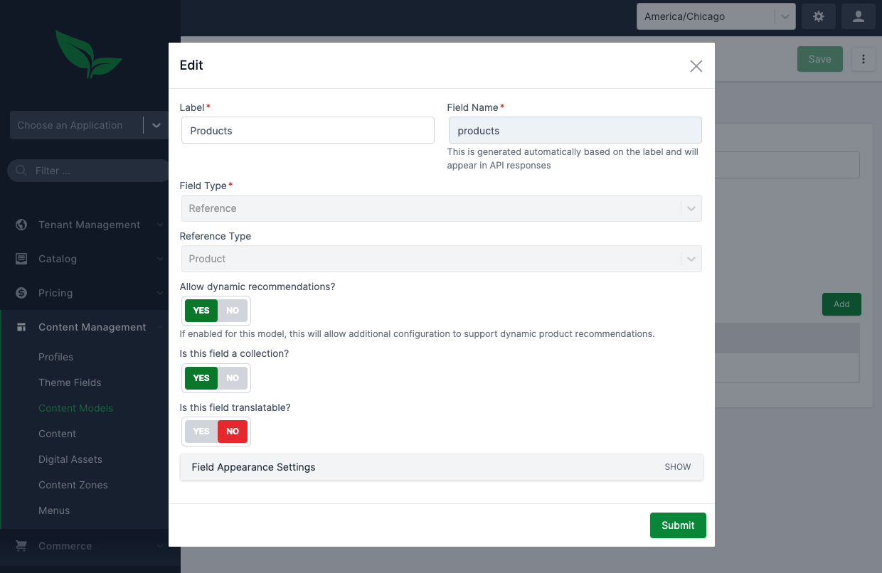 Recommendation Engine Example Flow - Content Service Product Field Configuration