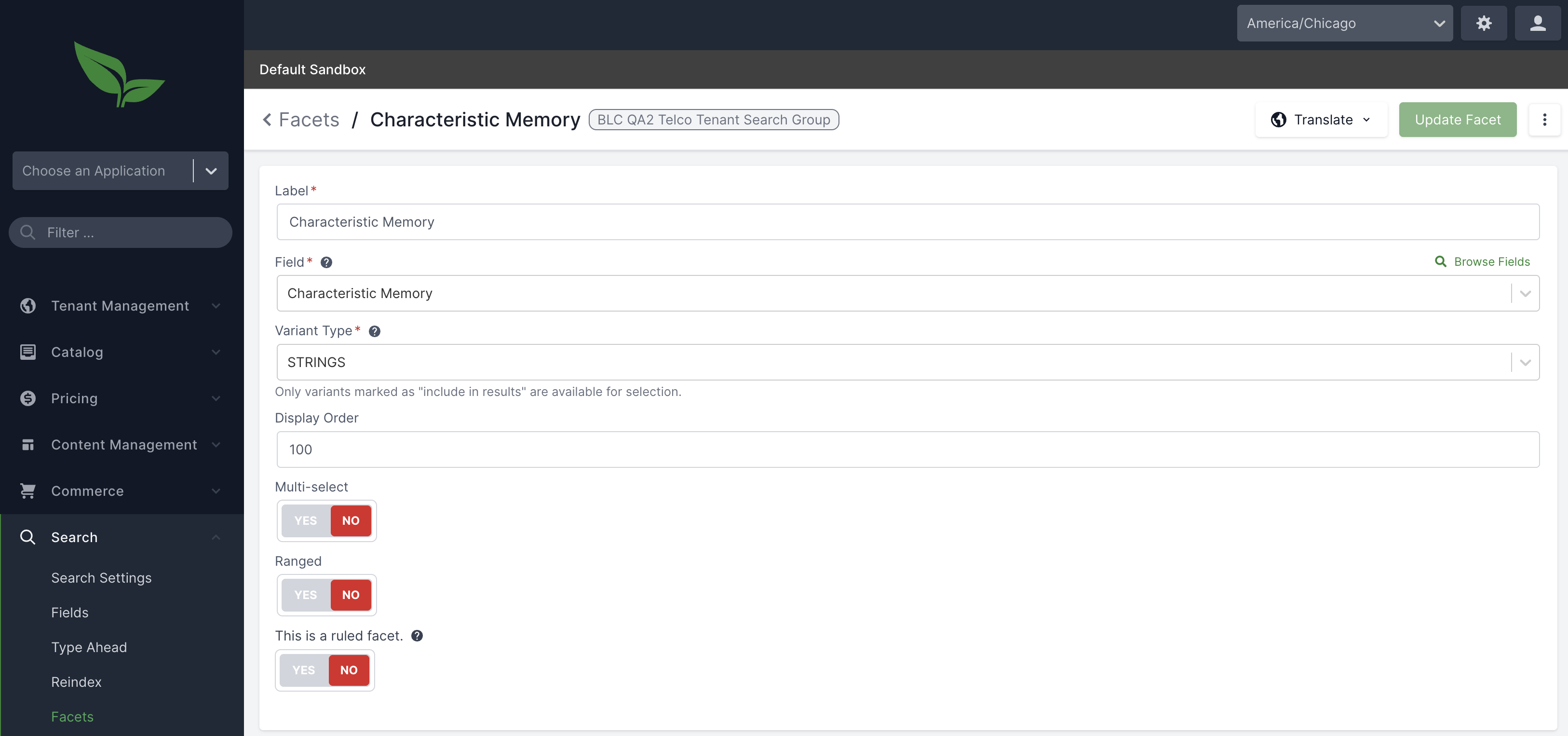 New Characteristics Search Facet Configuration