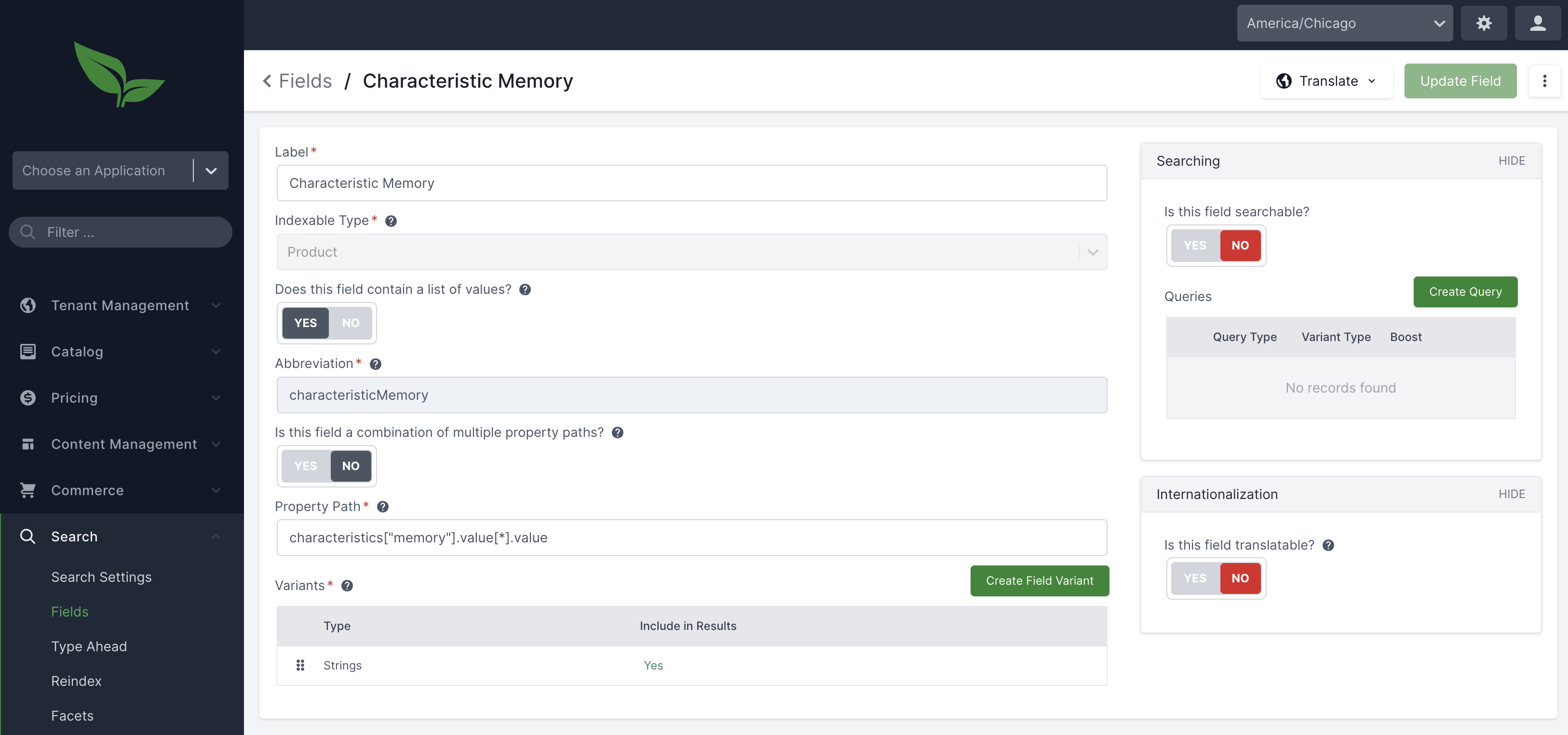 New Characteristics Index Field Configuration